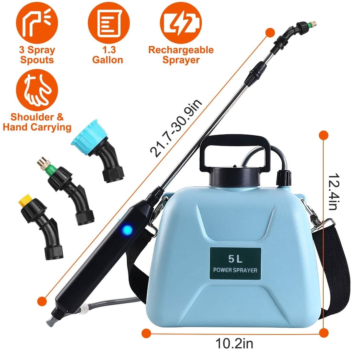 5L/1/3 Gallon Elektrische Pflanzensprühflasche Teleskopisch Wiederaufladbar mit 3 Sprühköpfen