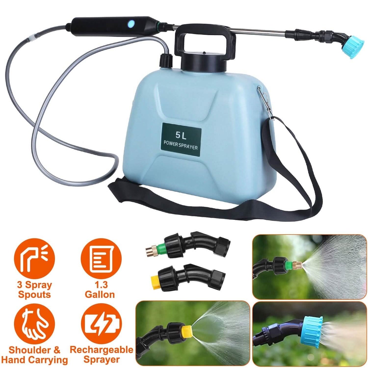 5L/1/3 Gallon Elektrische Pflanzensprühflasche Teleskopisch Wiederaufladbar mit 3 Sprühköpfen