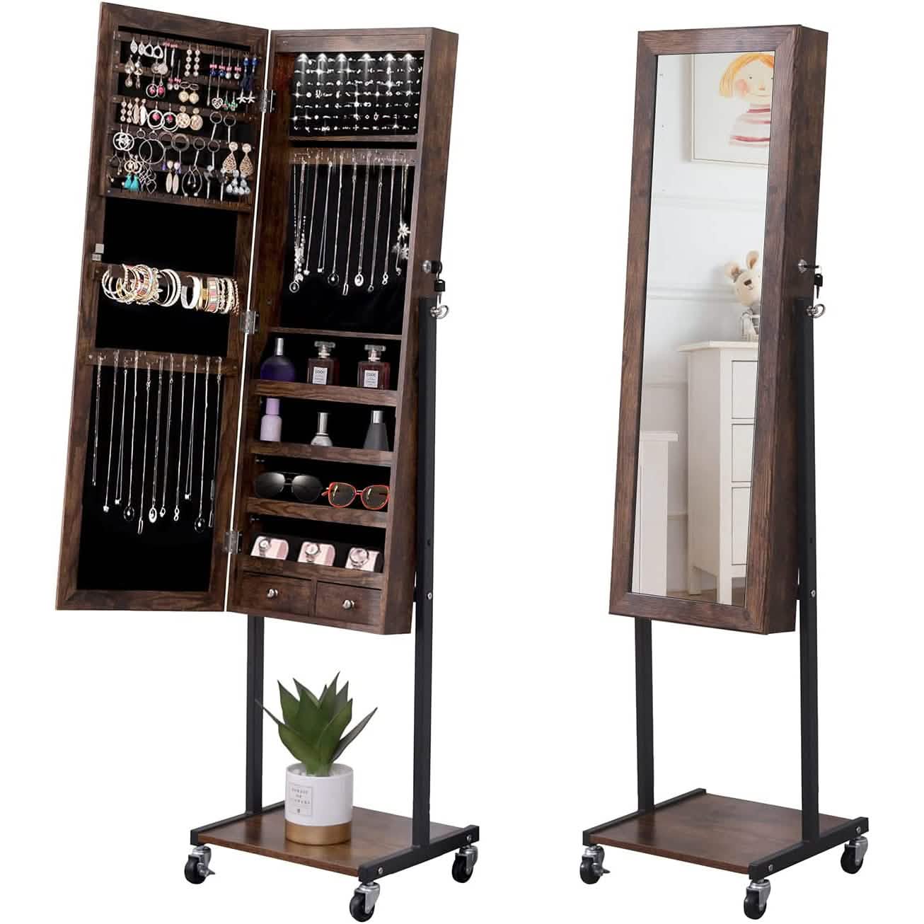 6 LEDs Spiegelschmuckschrank mit Rollen