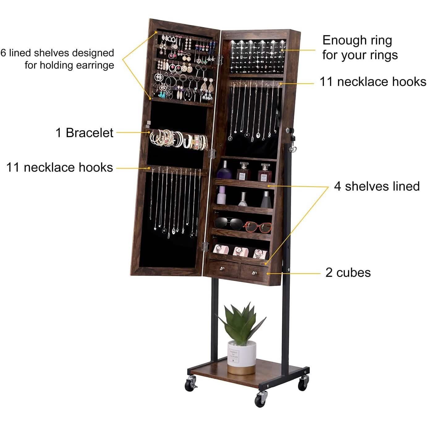 6 LEDs Spiegelschmuckschrank mit Rollen