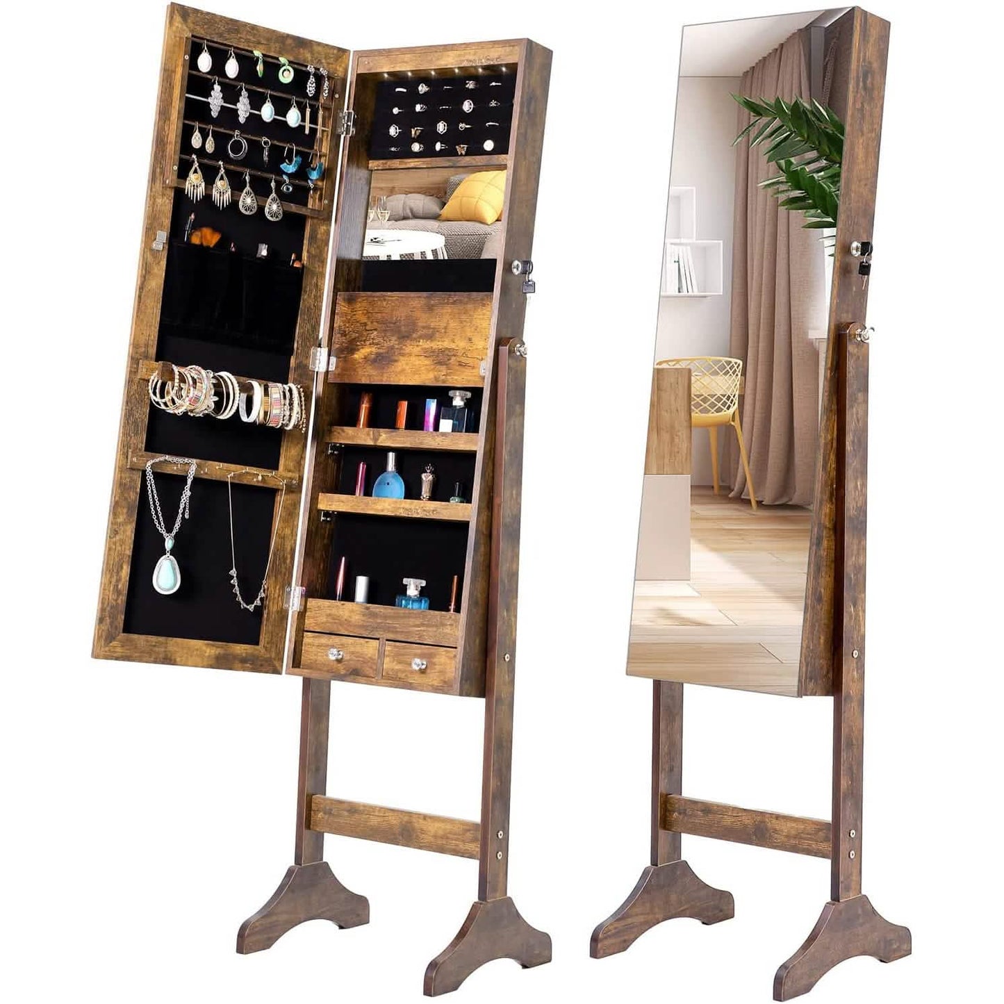 6 LEDs Spiegelschmuckschrank mit Rollen