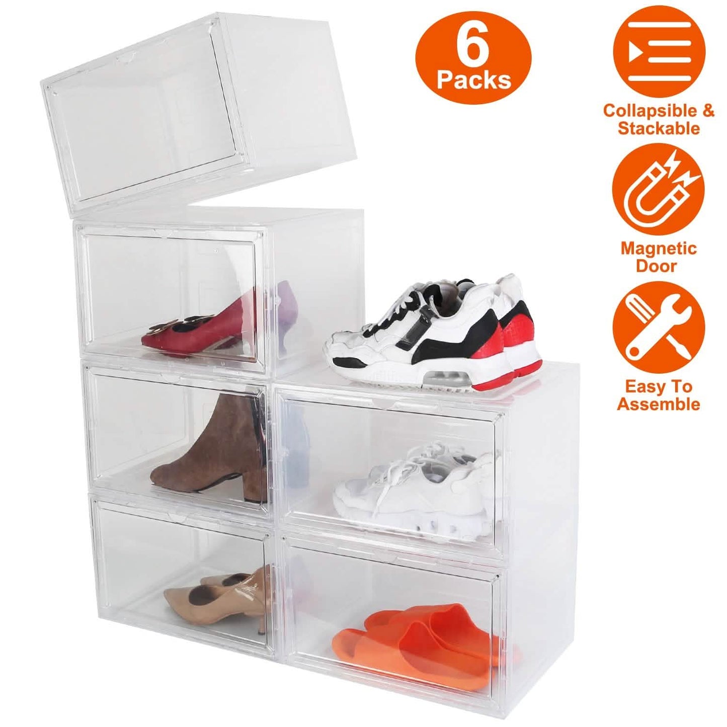 6er-Pack: Zusammenklappbare Schuhbox, stapelbares Schuhregal mit Magnettür