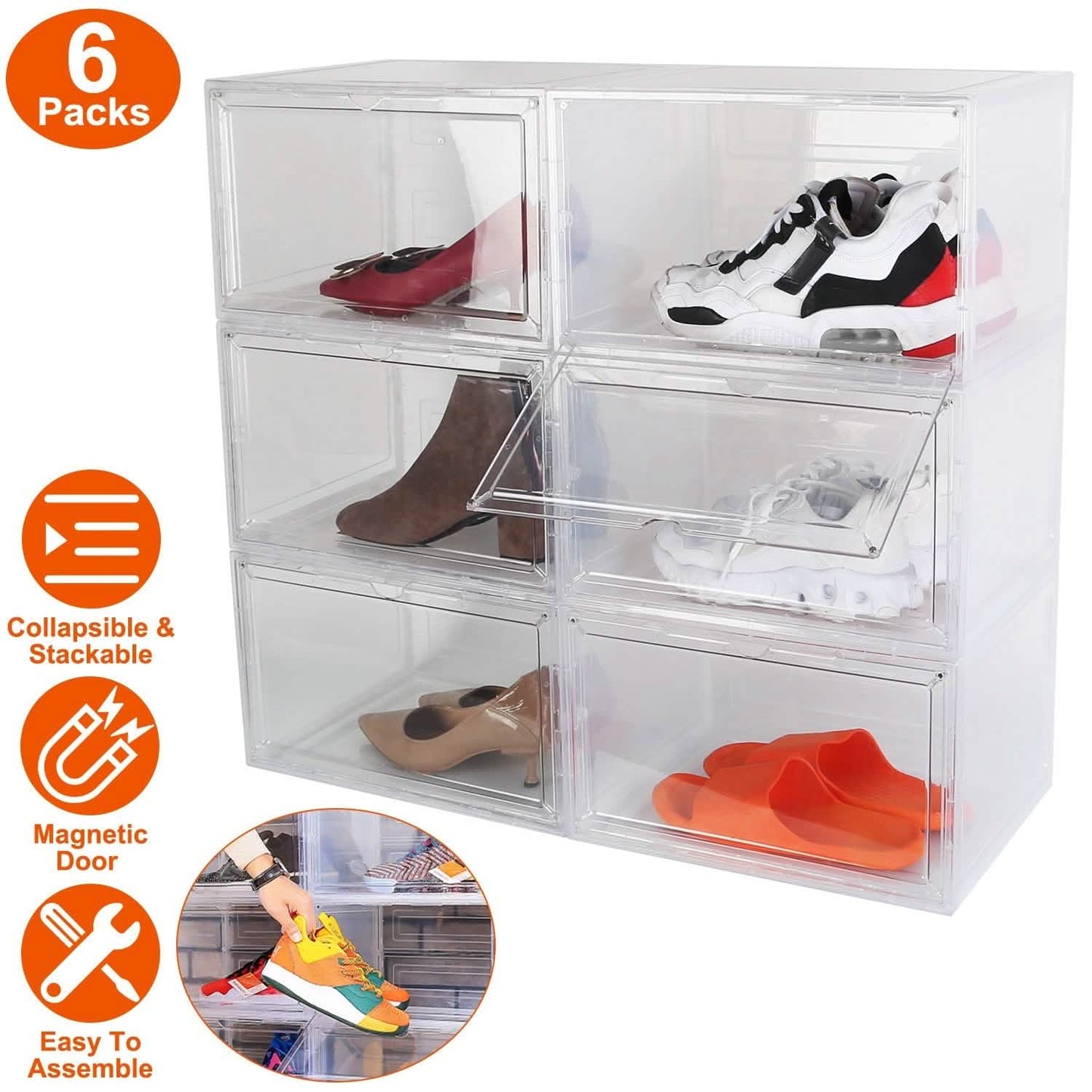 6er-Pack: Zusammenklappbare Schuhbox, stapelbares Schuhregal mit Magnettür