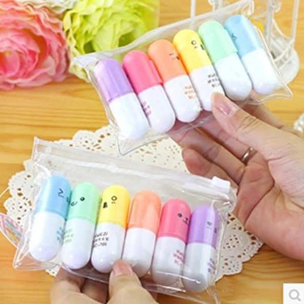 6-teilig: Niedlicher Pillen-Mini-Textmarker