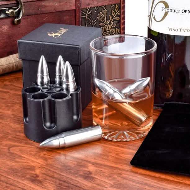 6er-Set: Whisky-Kugeln aus Edelstahl mit Ständer