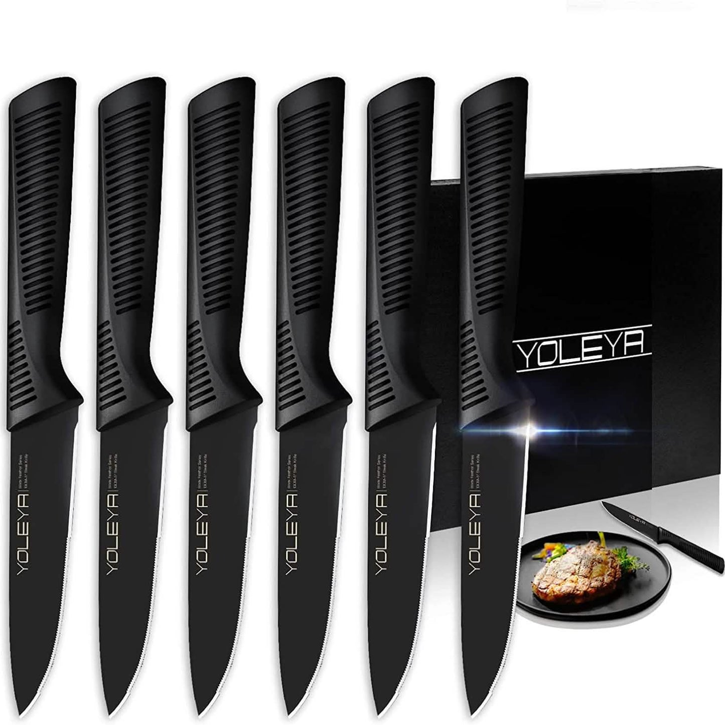 6-teiliges Set: YOLEYA Steakmesser-Set mit Wellenschliff aus deutschem, kohlenstoffreichem Edelstahl, schwarz