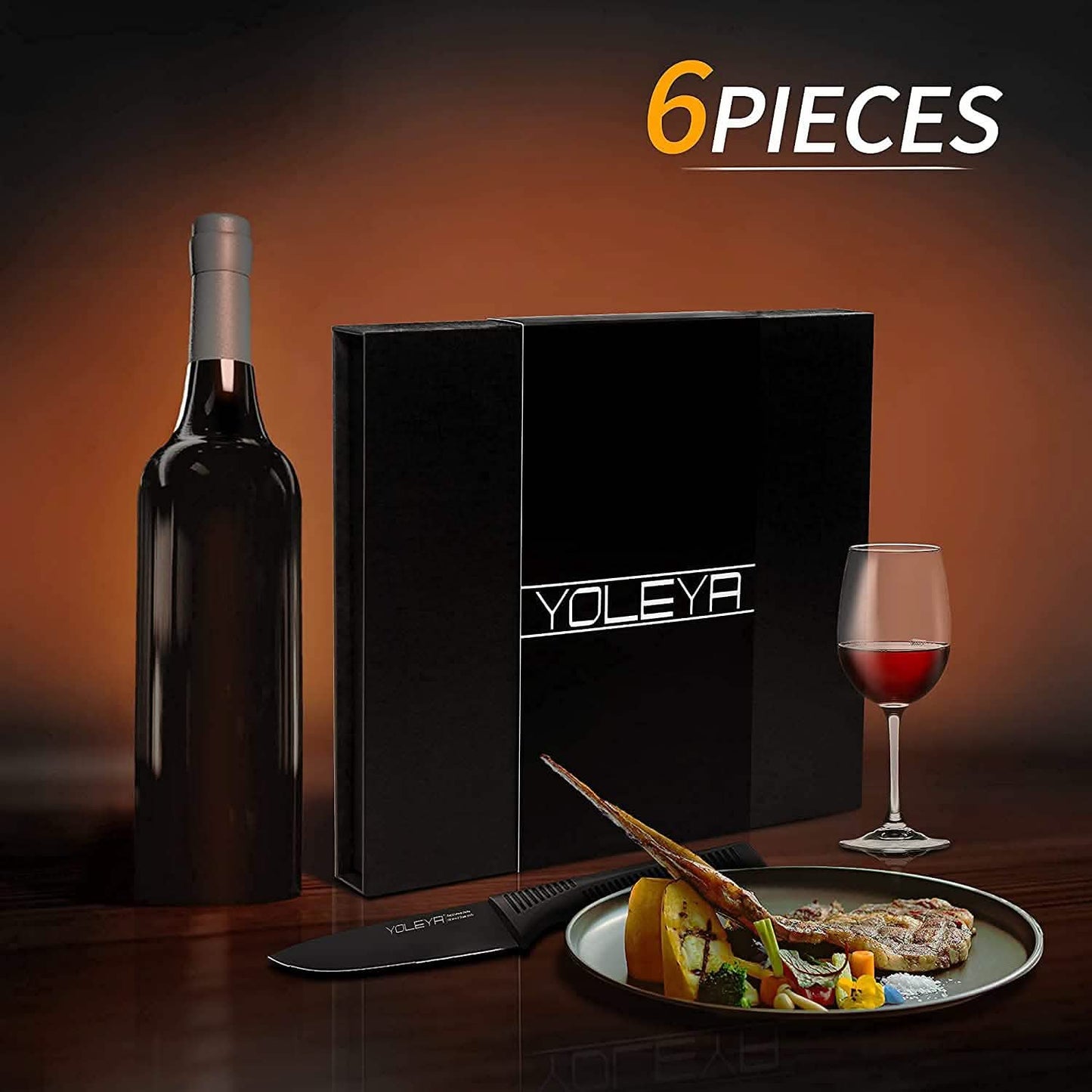 6-teiliges Set: YOLEYA Steakmesser-Set mit Wellenschliff aus deutschem, kohlenstoffreichem Edelstahl, schwarz
