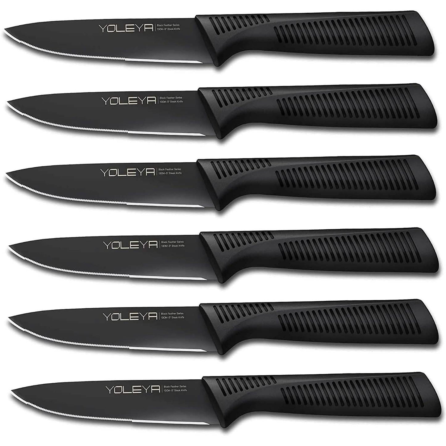 6-teiliges Set: YOLEYA Steakmesser-Set mit Wellenschliff aus deutschem, kohlenstoffreichem Edelstahl, schwarz