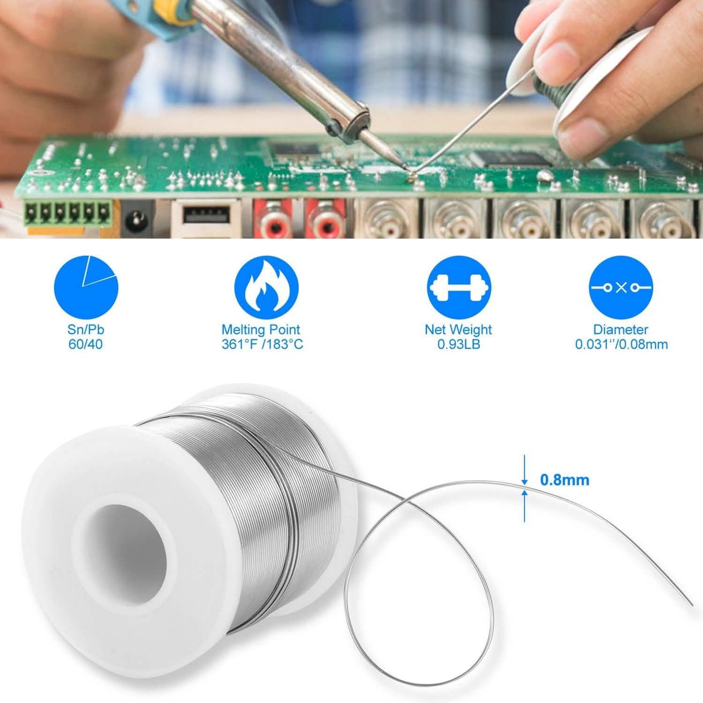 60/40 Zinn-Blei-Kolophoniumkern 0,8 mm 1,7 % Flussmittel Elektrolötzinn