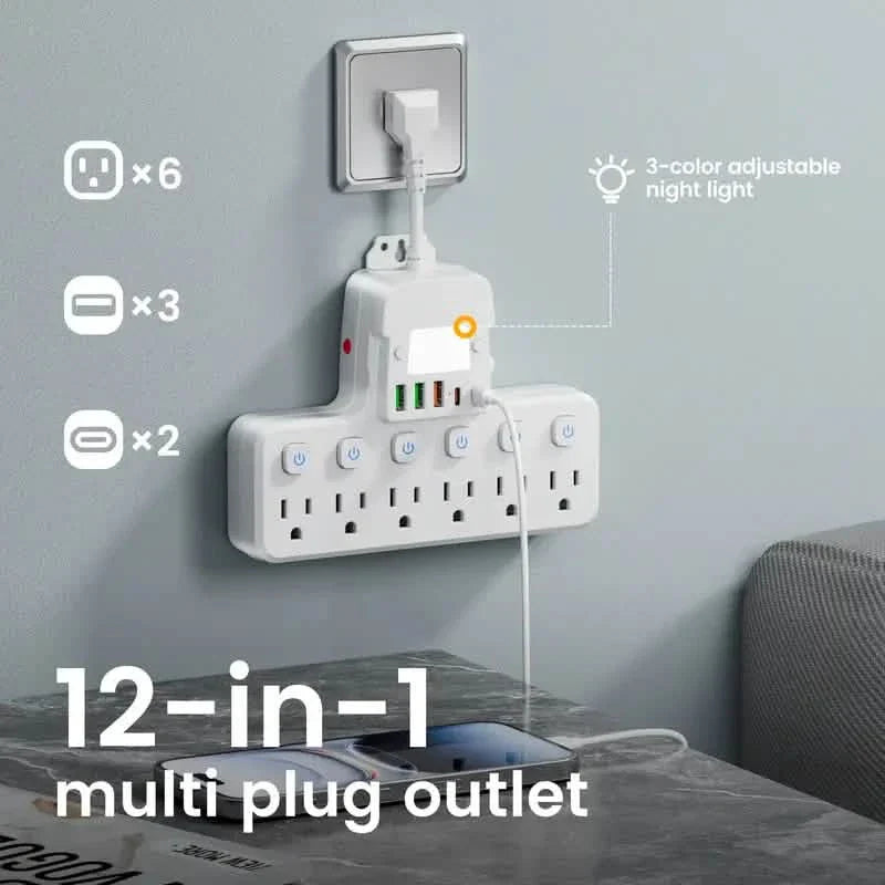 12-in-1 Verstellbare Schreibtischlampe mit Steckdosenleiste – 6 AC-Anschlüsse, 3 USB-A- und 2 Typ-C-Anschlüsse, Überspannungsschutz