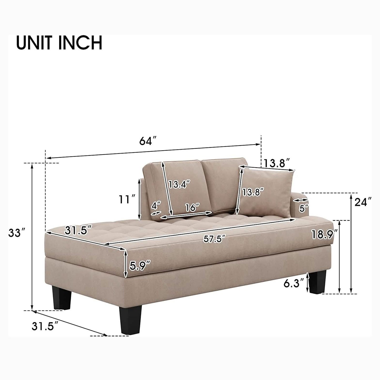64" Tiefe, getuftete, gepolsterte Chaiselongue aus strukturiertem Stoff mit Wurfkissen