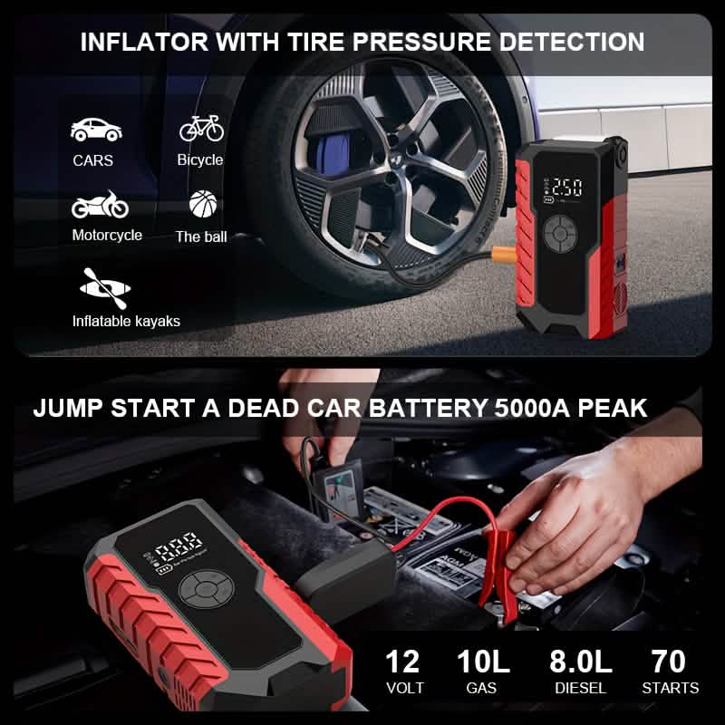 Tragbarer 12V Auto Starthilfe, Batterieladegerät, Luftpumpe (LED-Anzeige)