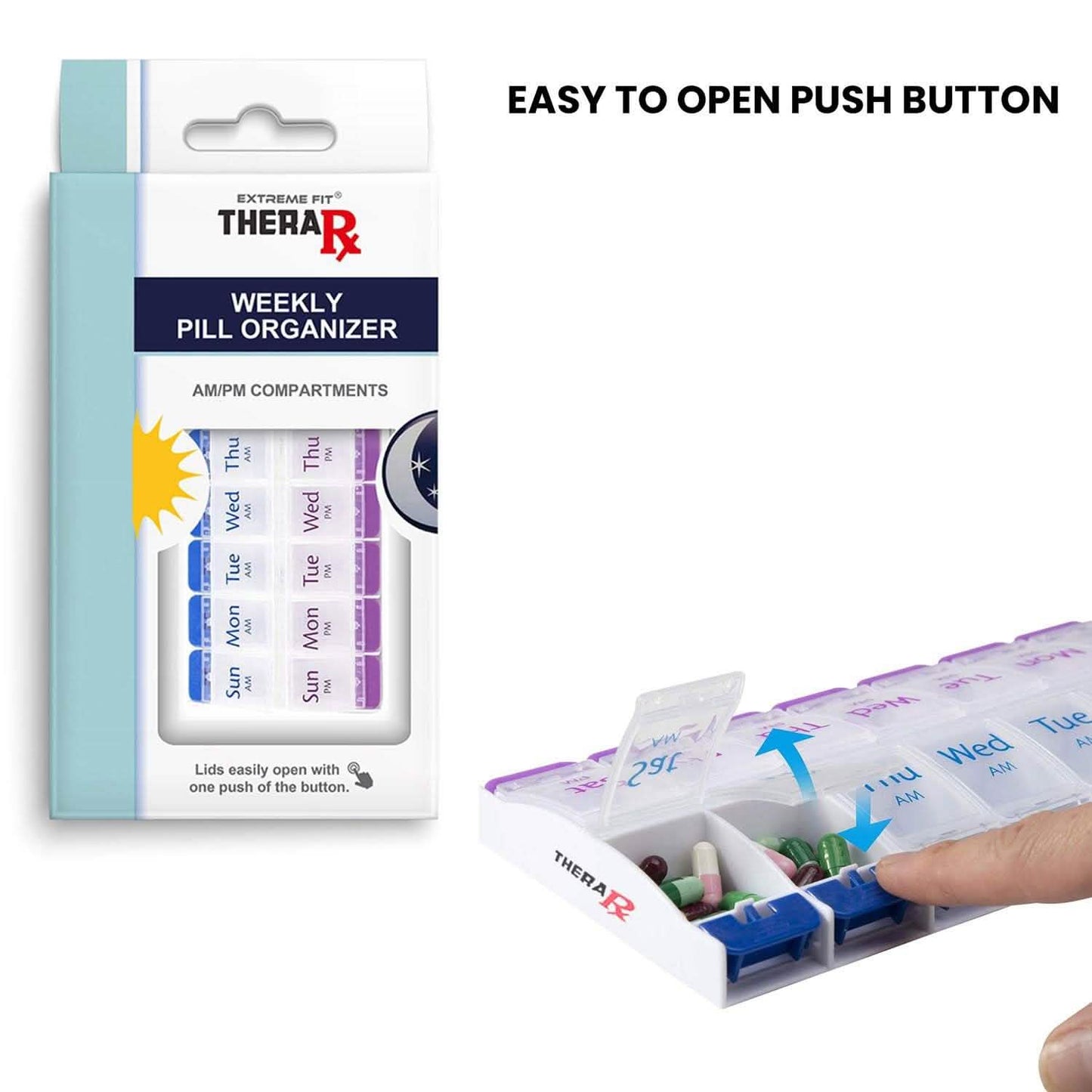 7-Tage Push-Button Pillen-, Medikamenten-, Vitamin-Organizer mit großen AM/PM Fächern