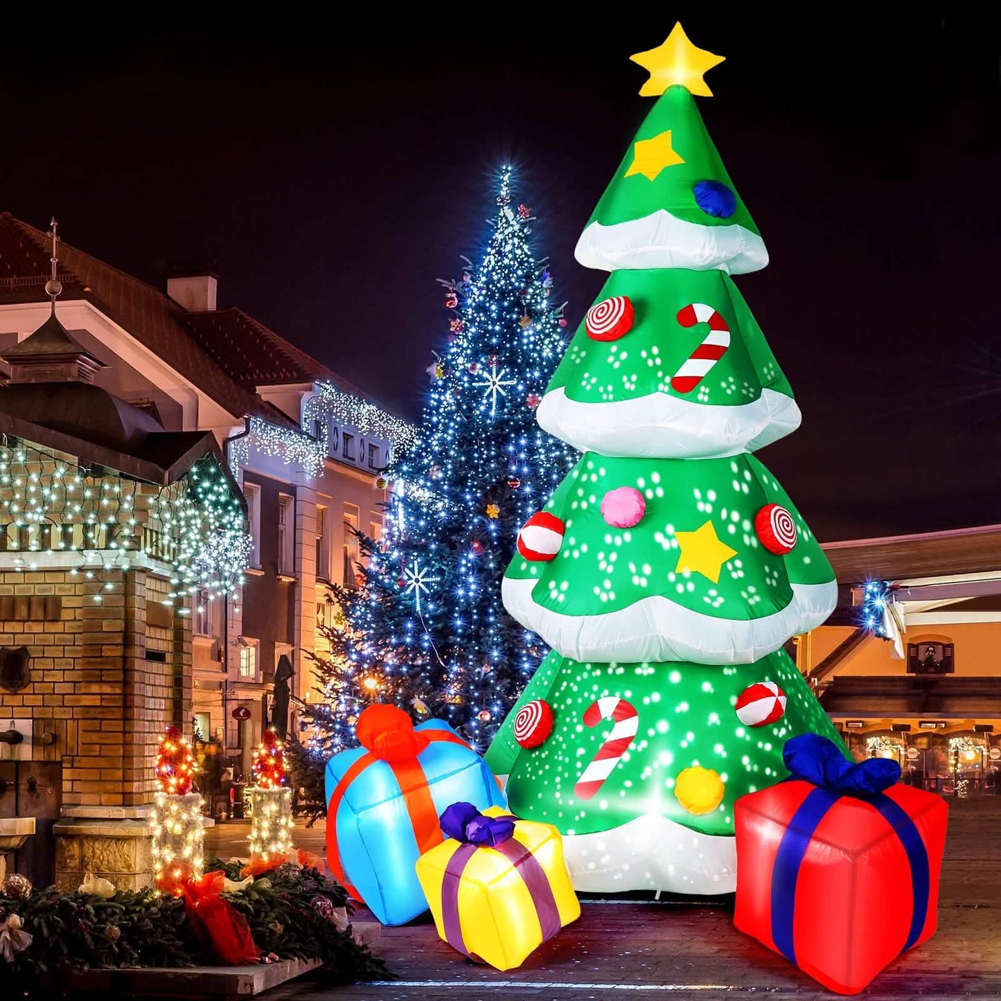 2,1 m aufblasbarer Weihnachtsbaum-Weihnachtsmann-Deko mit LED-Beleuchtung
