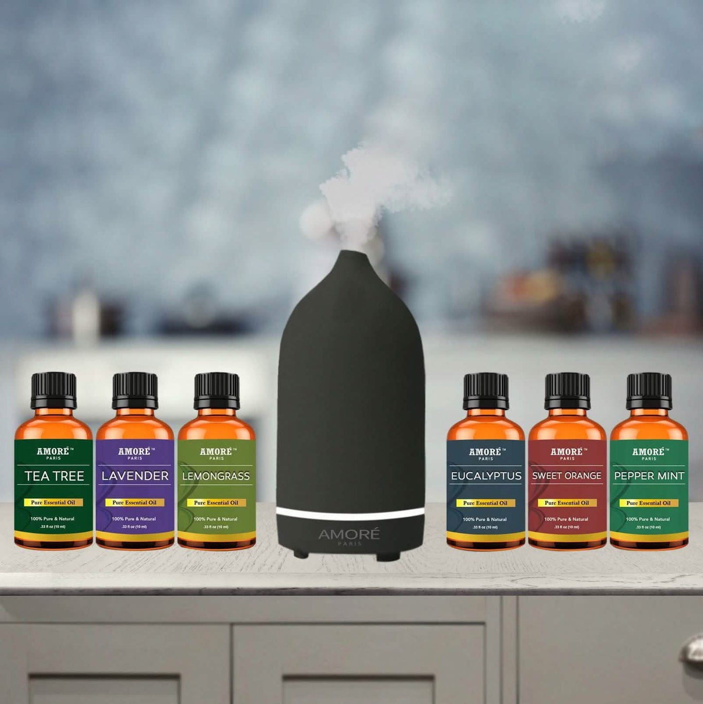 7-teilig: Ultraschall-Aromatherapie-Diffusor aus Keramik mit ätherischen Ölen