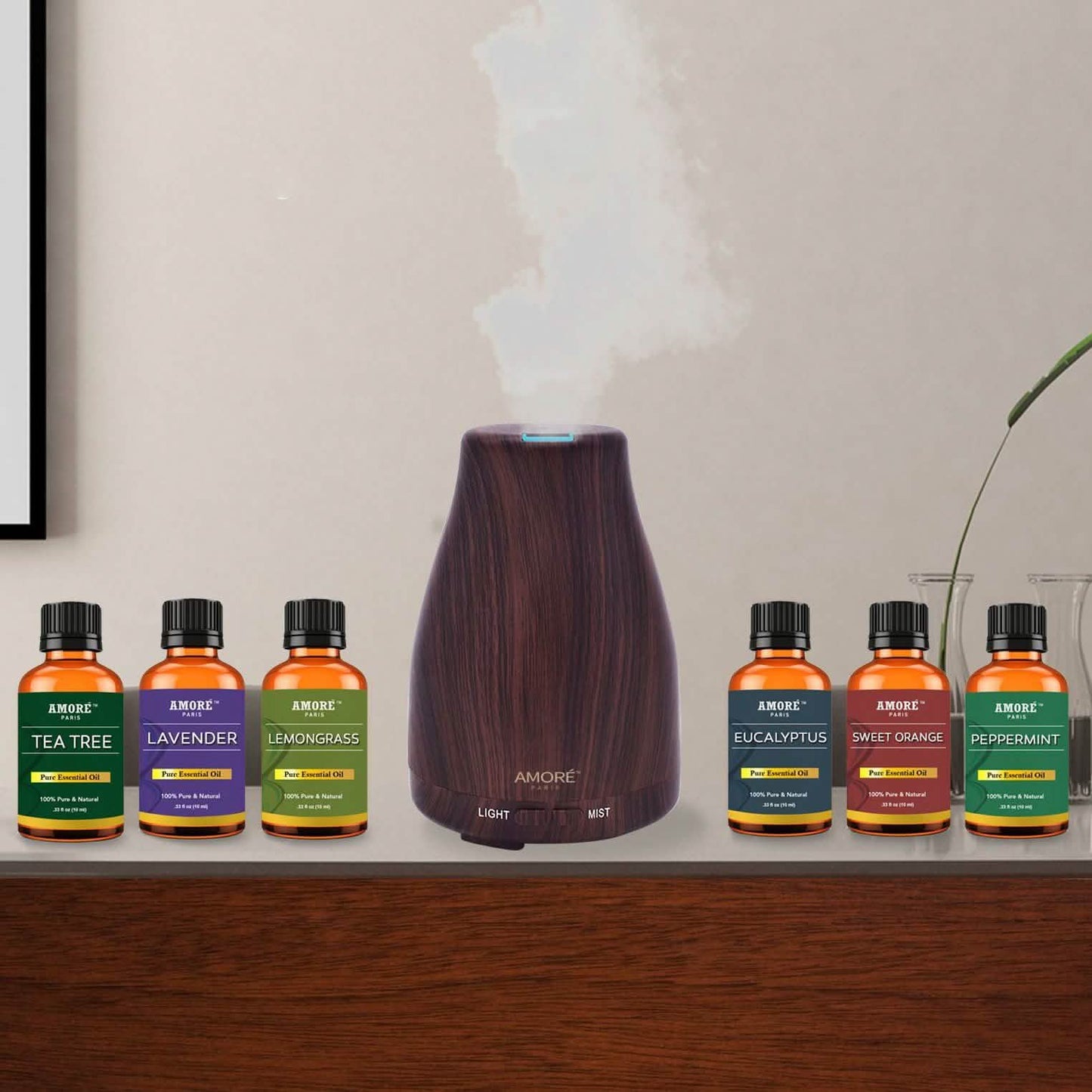 7-teiliges Set: Aromatherapie-Diffusor mit kühlem Nebel und natürlicher Holzmaserung mit ätherischem Öl