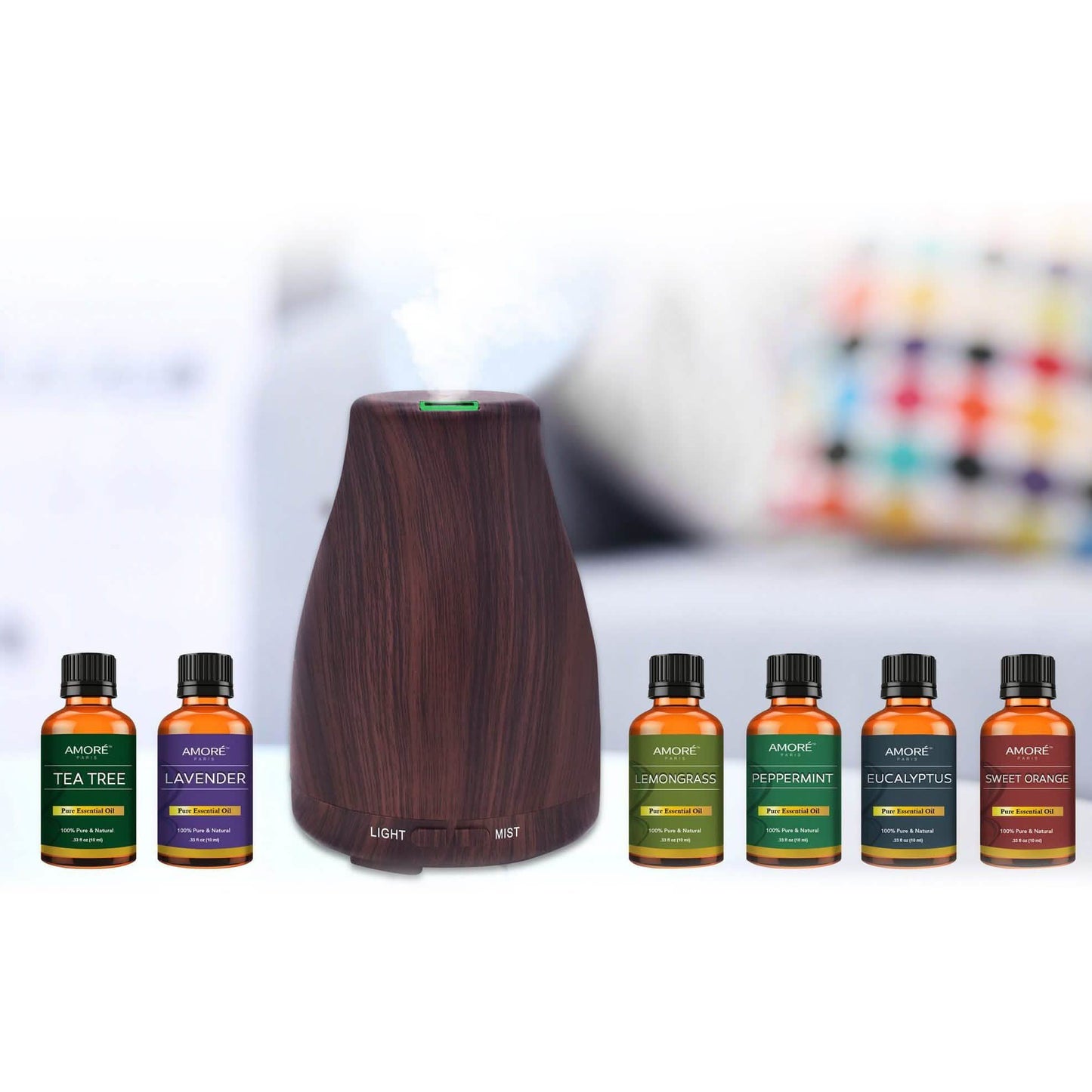 7-teiliges Set: Aromatherapie-Diffusor mit kühlem Nebel und natürlicher Holzmaserung mit ätherischem Öl