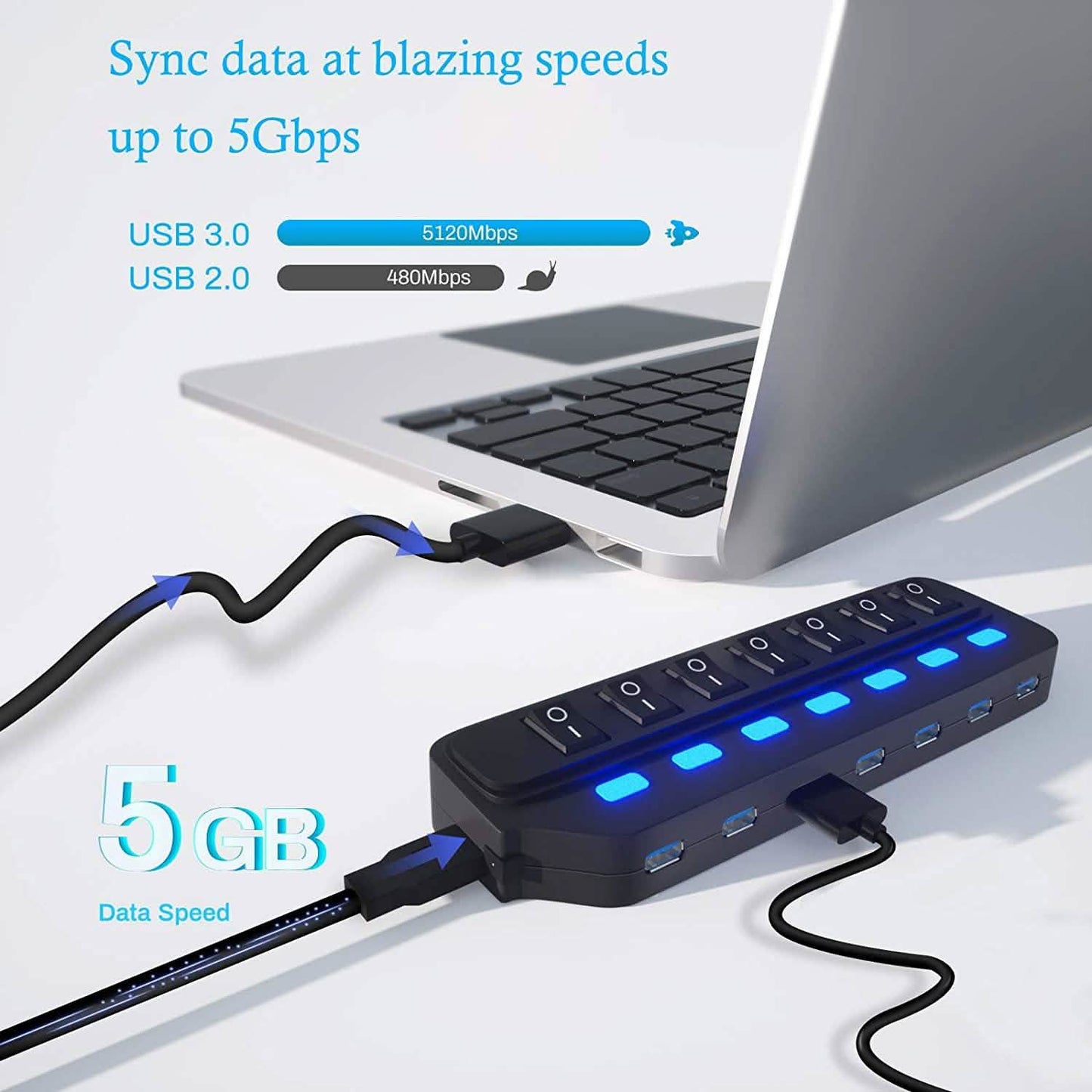 7-Port-USB-3.0-Datenhub mit individuellen Ein-/Ausschaltern und Anzeigen