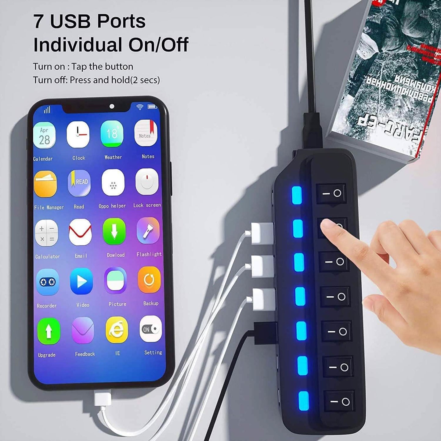7-Port-USB-3.0-Datenhub mit individuellen Ein-/Ausschaltern und Anzeigen