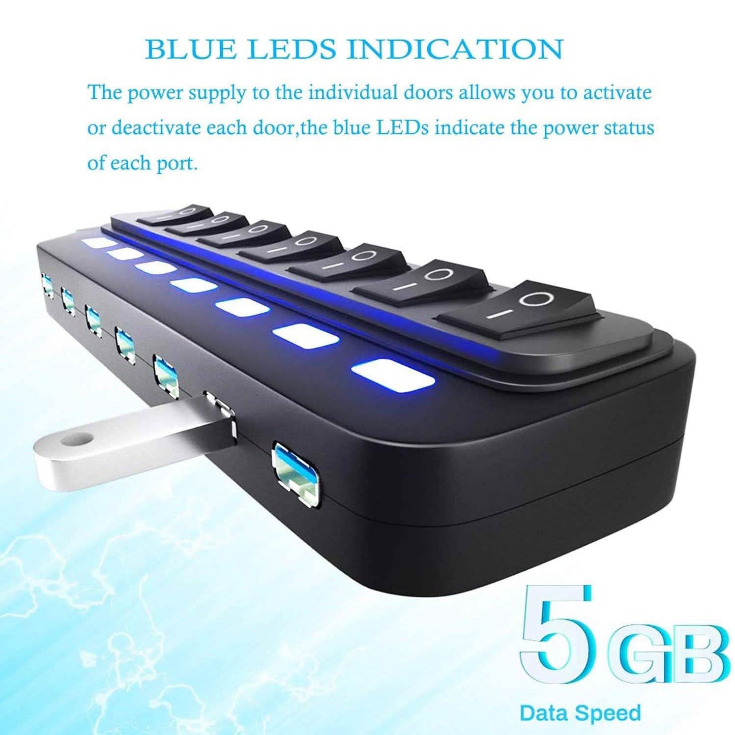 7-Port-USB-3.0-Datenhub mit individuellen Ein-/Ausschaltern und Anzeigen