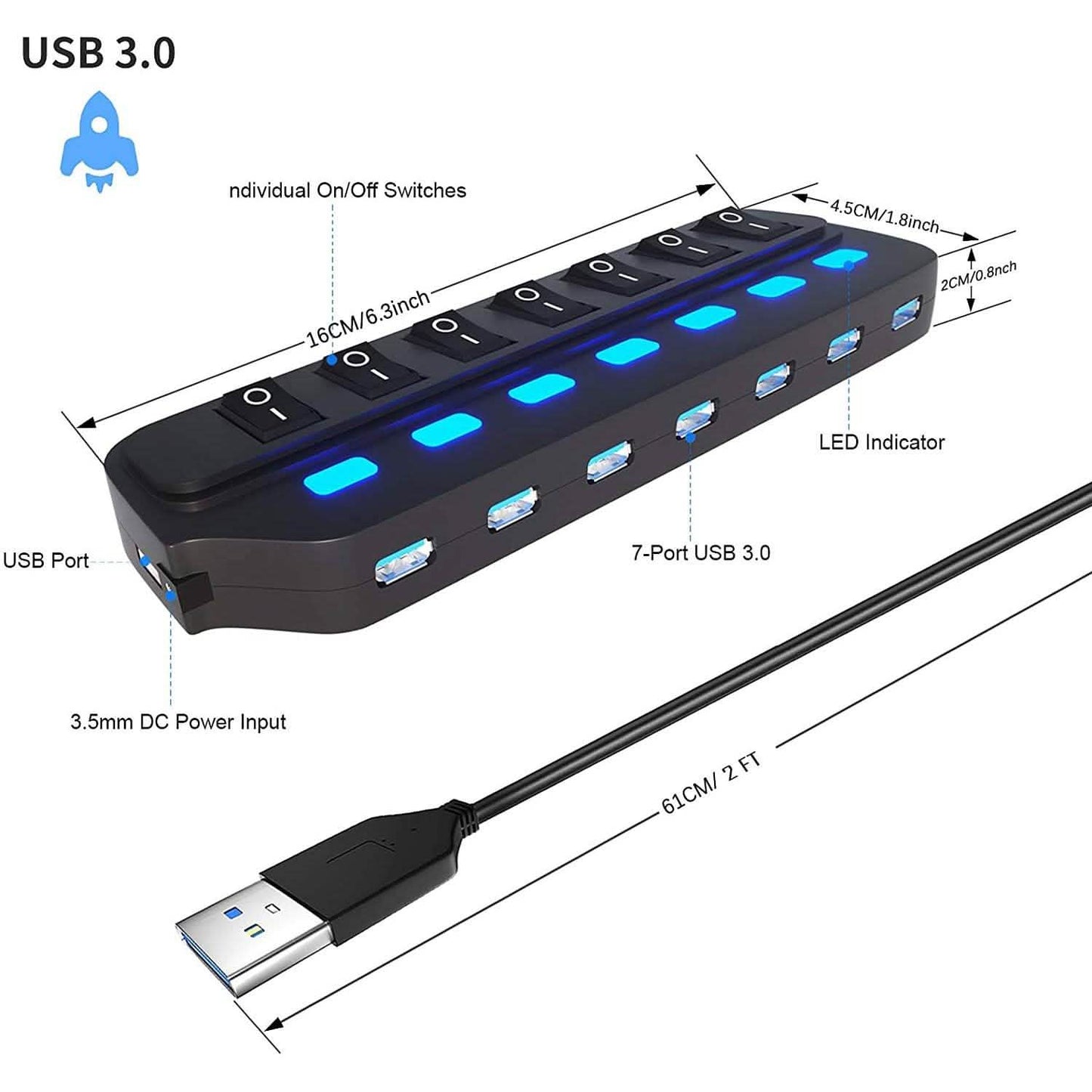 7-Port-USB-3.0-Datenhub mit individuellen Ein-/Ausschaltern und Anzeigen