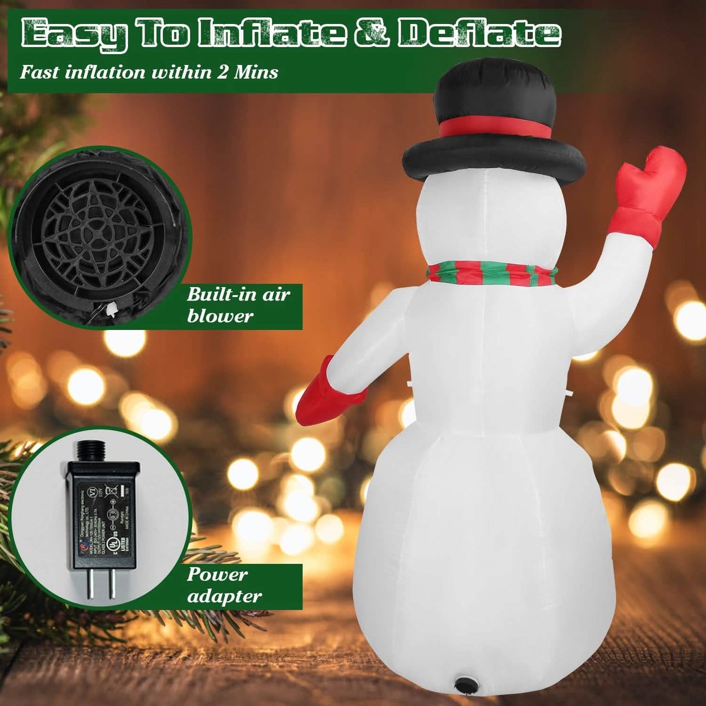 7,9ft Weihnachts-aufblasbarer Riesen-Schneemann zum Aufblasen mit LED-Lichtern, Hut und Schal