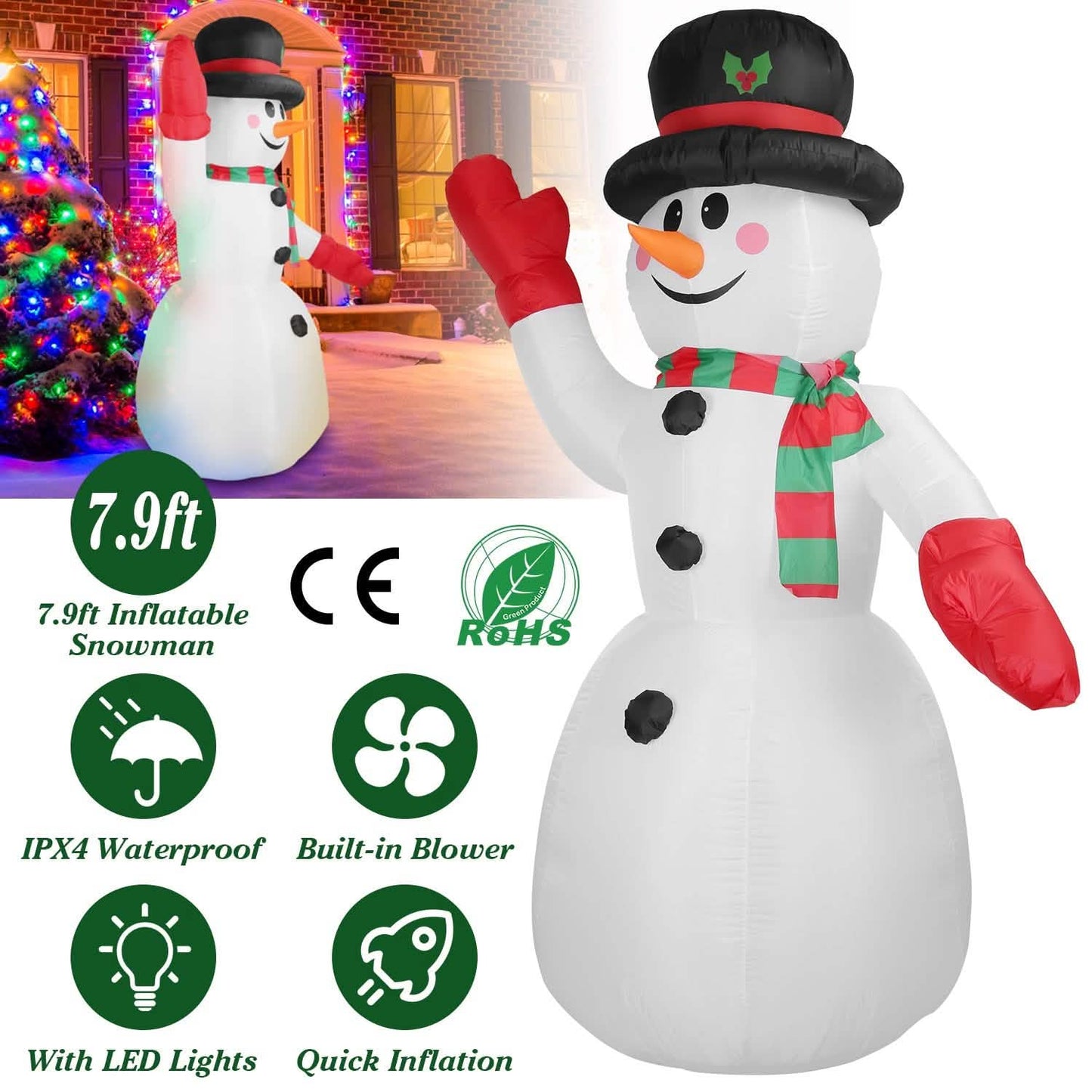 7,9ft Weihnachts-aufblasbarer Riesen-Schneemann zum Aufblasen mit LED-Lichtern, Hut und Schal