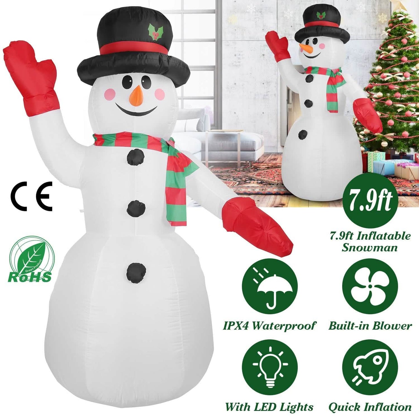 7,9ft Weihnachts-aufblasbarer Riesen-Schneemann zum Aufblasen mit LED-Lichtern, Hut und Schal
