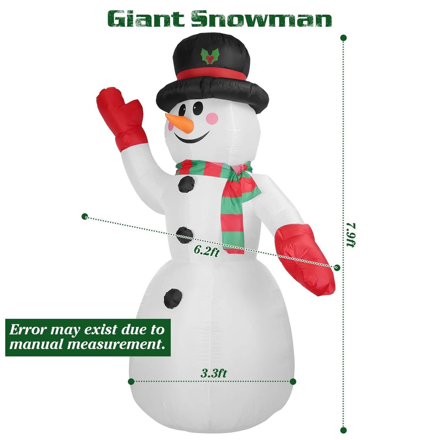 7,9ft Weihnachts-aufblasbarer Riesen-Schneemann zum Aufblasen mit LED-Lichtern, Hut und Schal