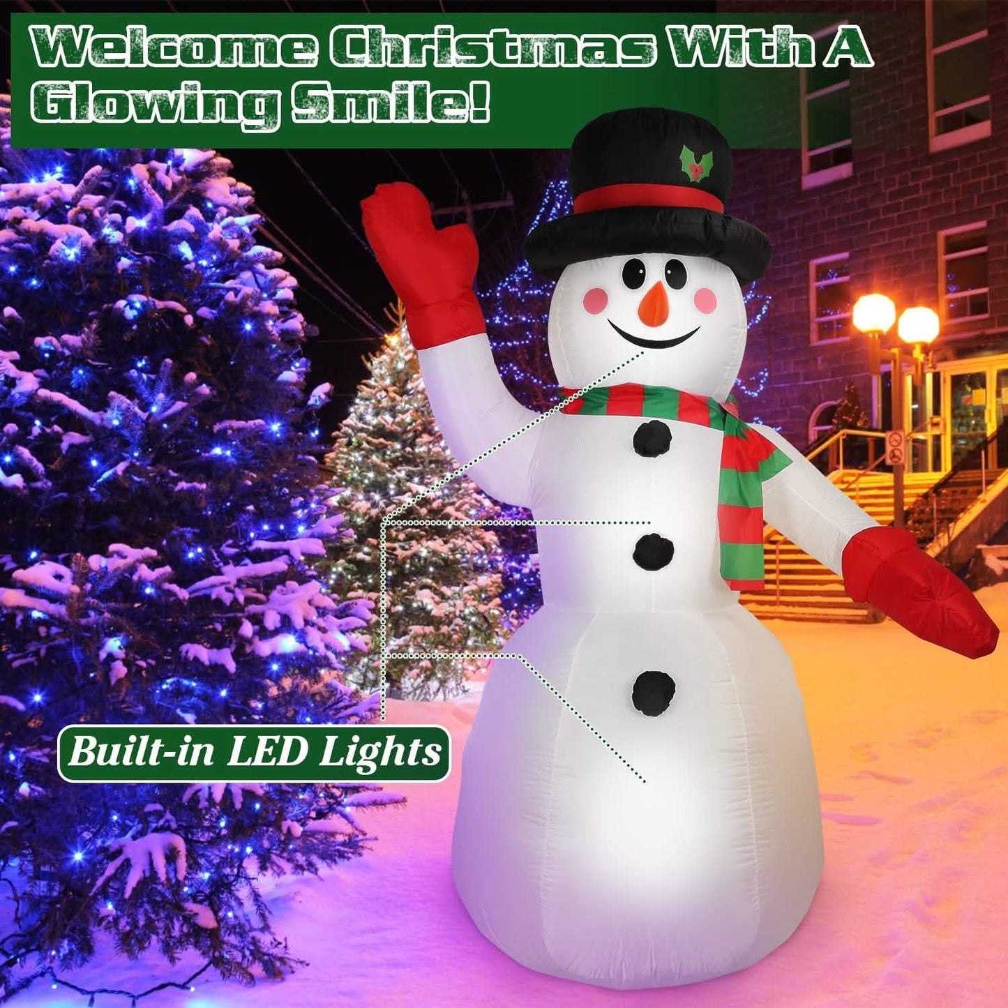 7,9ft Weihnachts-aufblasbarer Riesen-Schneemann zum Aufblasen mit LED-Lichtern, Hut und Schal
