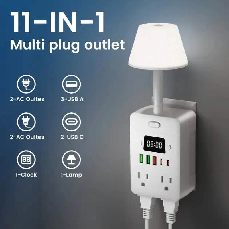 11-in-1 Multifunktions-Steckdosenleiste mit Schreibtischlampe, Uhr, USB-Anschlüssen und Überspannungsschutz