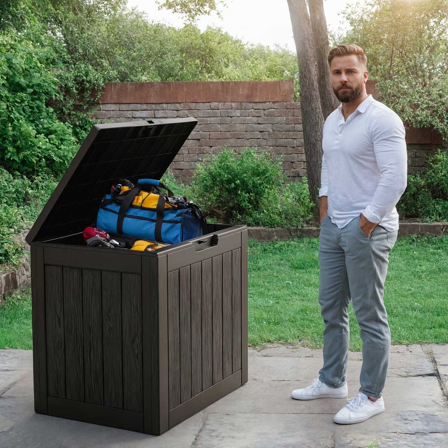 35 Gallonen Outdoor-Aufbewahrungsbox aus Kunstharz – Schwarz/Holzmaserung