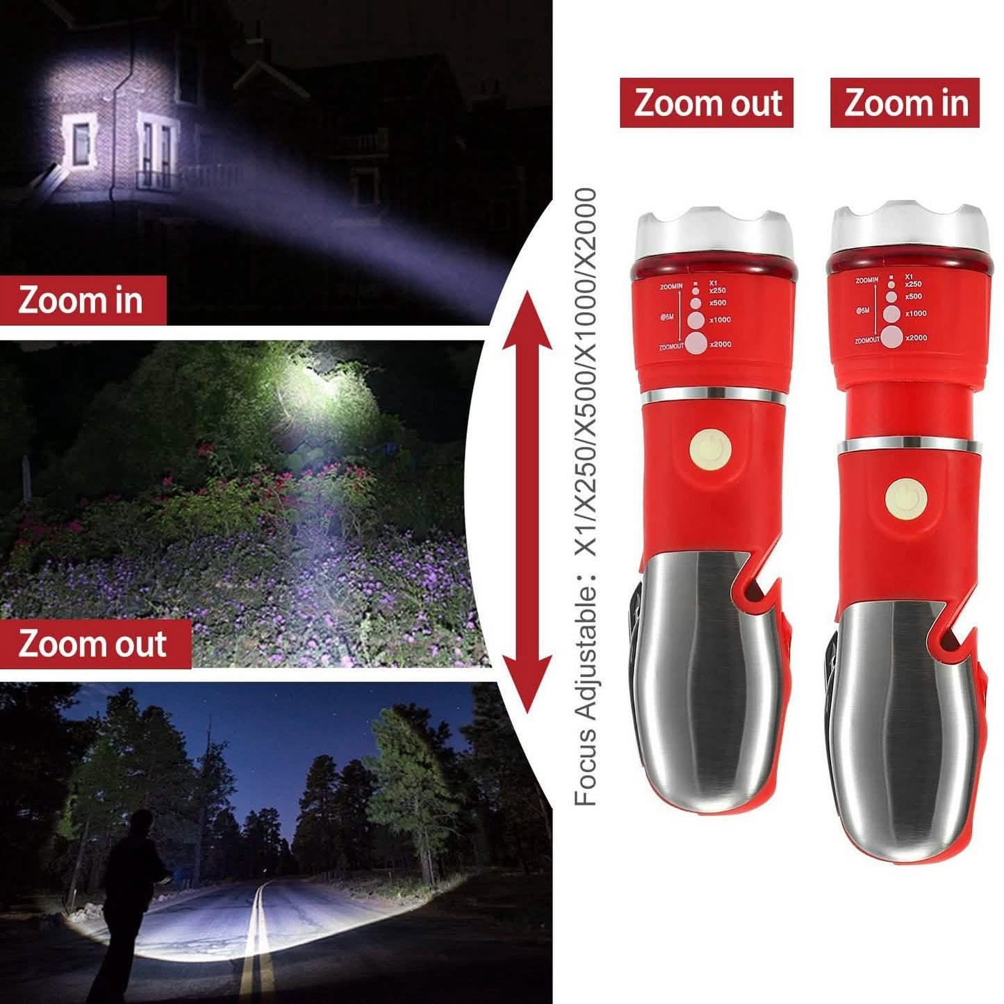 8-in-1 Multitool-Hammer Zoom-Notfalltaschenlampe