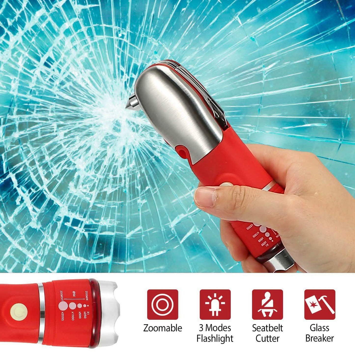8-in-1 Multitool-Hammer Zoom-Notfalltaschenlampe