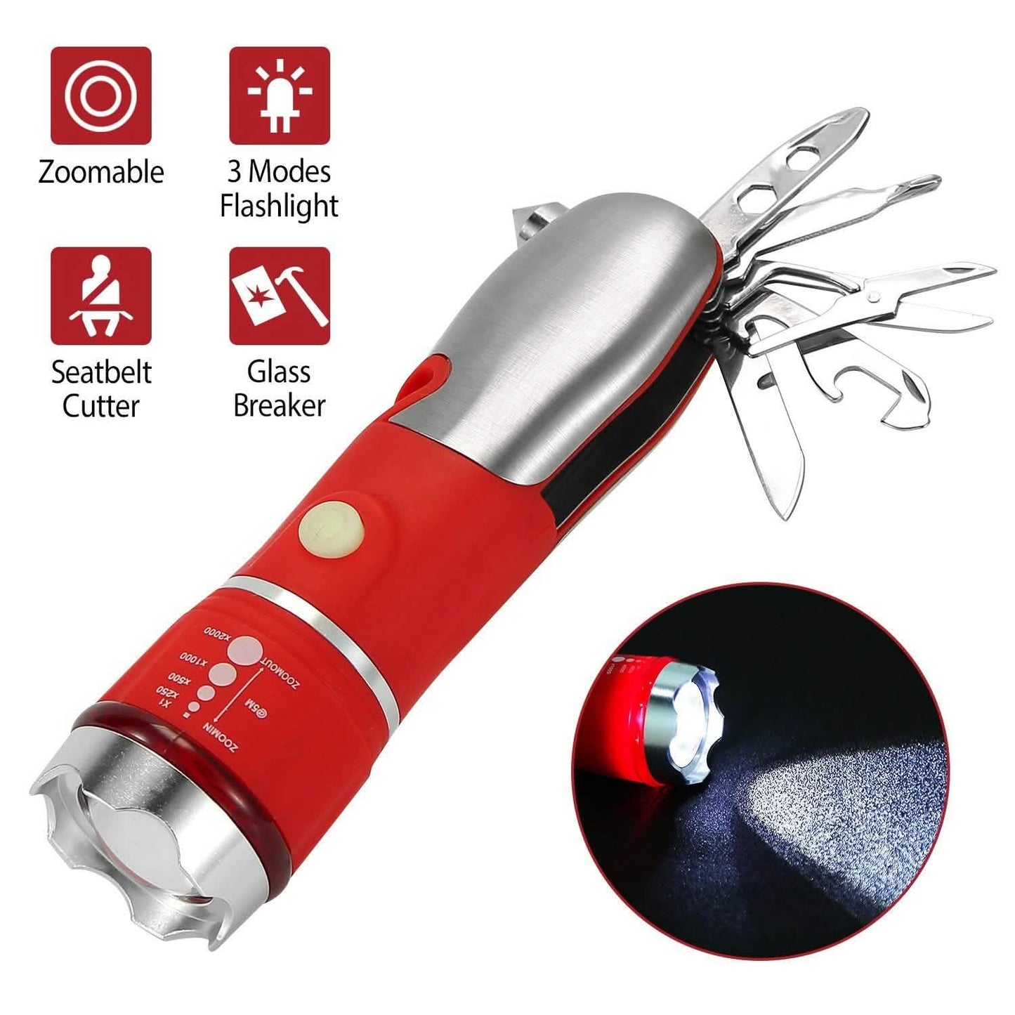 8-in-1 Multitool-Hammer Zoom-Notfalltaschenlampe