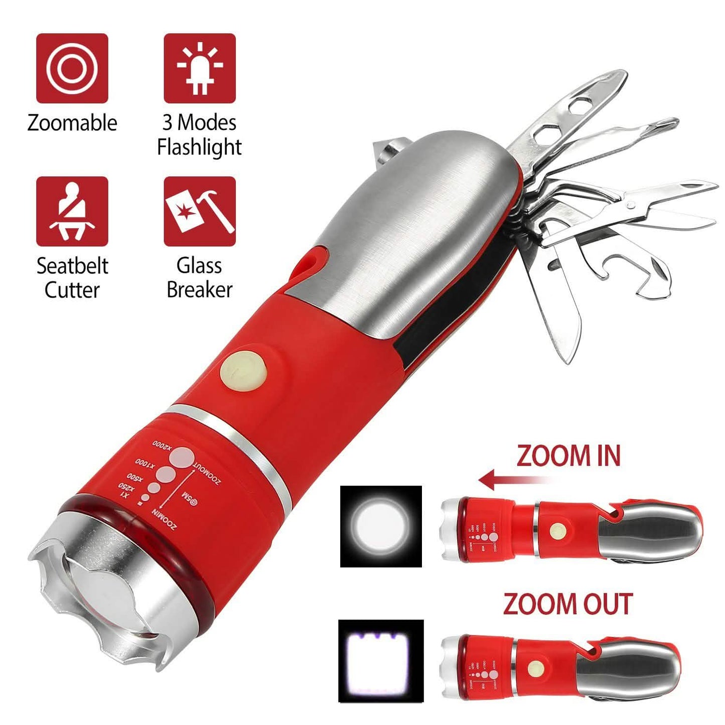 8-in-1 Multitool-Hammer Zoom-Notfalltaschenlampe