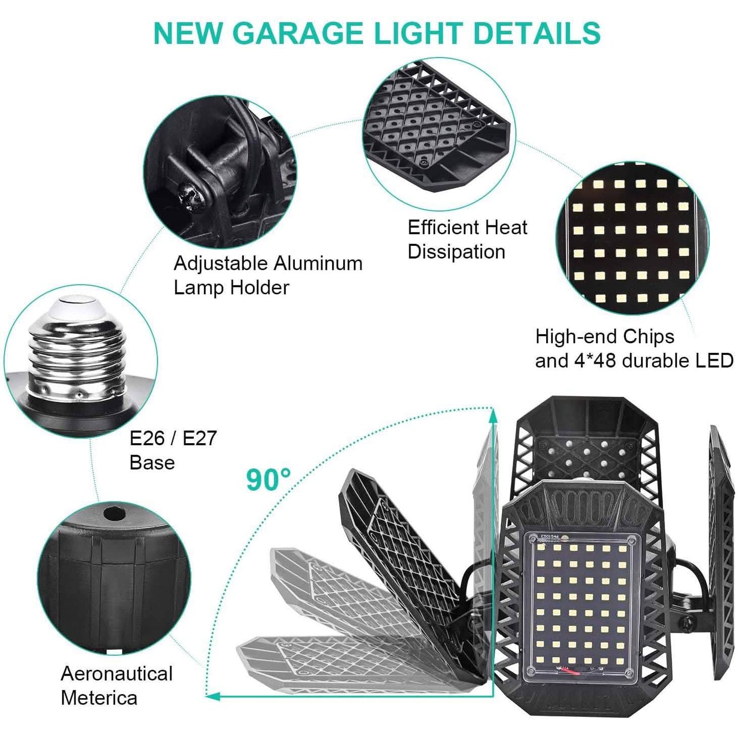80W verformbare LED-Garagendeckenleuchten mit 4 verstellbaren Paneelen