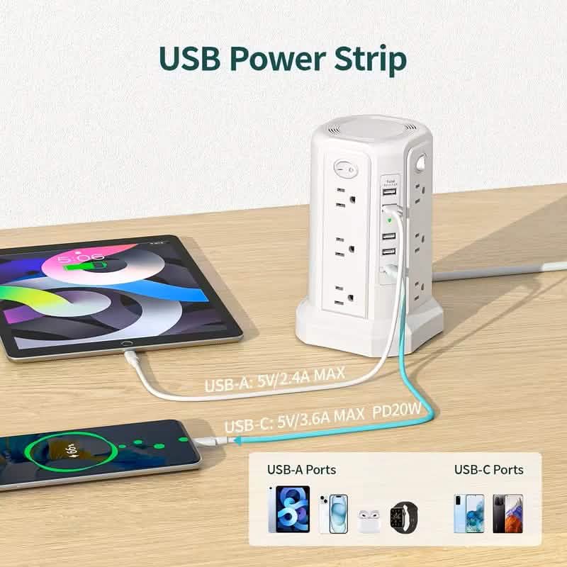 Überspannungsschutz-Turm 1800J mit 4 USB-A-Anschlüssen, USB-C-Anschluss (PD18W), 12 AC-Steckdosen und 3 m Kabel
