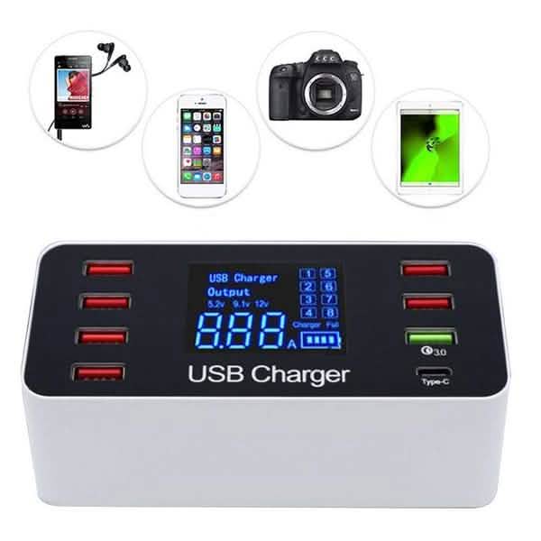 8A40W Ladegerätadapter Typ C Hubs Quick Charge 3.0 USB Multi Port USB-Ladestation LCD-Display mit Smart Identification