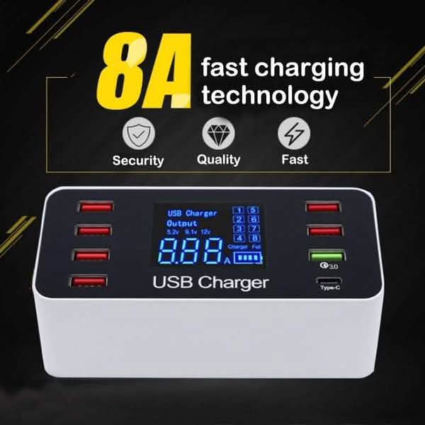 8A40W Ladegerätadapter Typ C Hubs Quick Charge 3.0 USB Multi Port USB-Ladestation LCD-Display mit Smart Identification