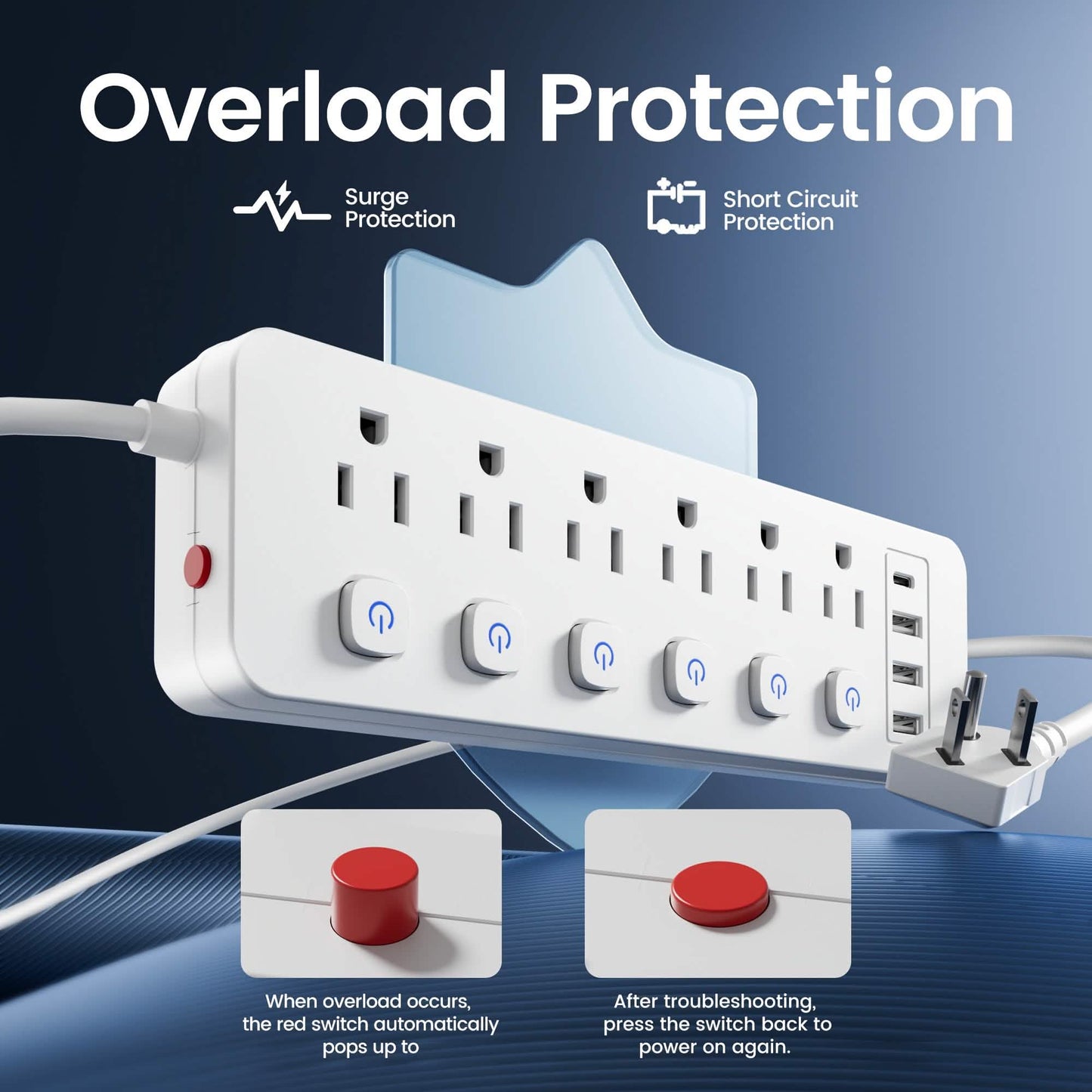 10-in-1 Mehrfachsteckdosenleiste – 6 AC, 3 USB-A, 1 Typ-C
