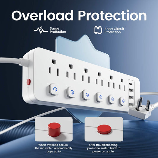 10-in-1 Mehrfachsteckdosenleiste – 6 AC, 3 USB-A, 1 Typ-C