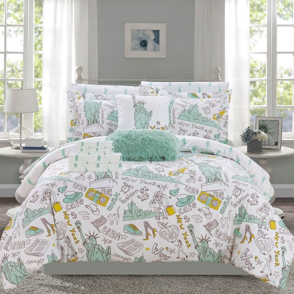 9-teiliges Set: Liberty Wendebettwäscheset New York Theme Bedrucktes Design Bett