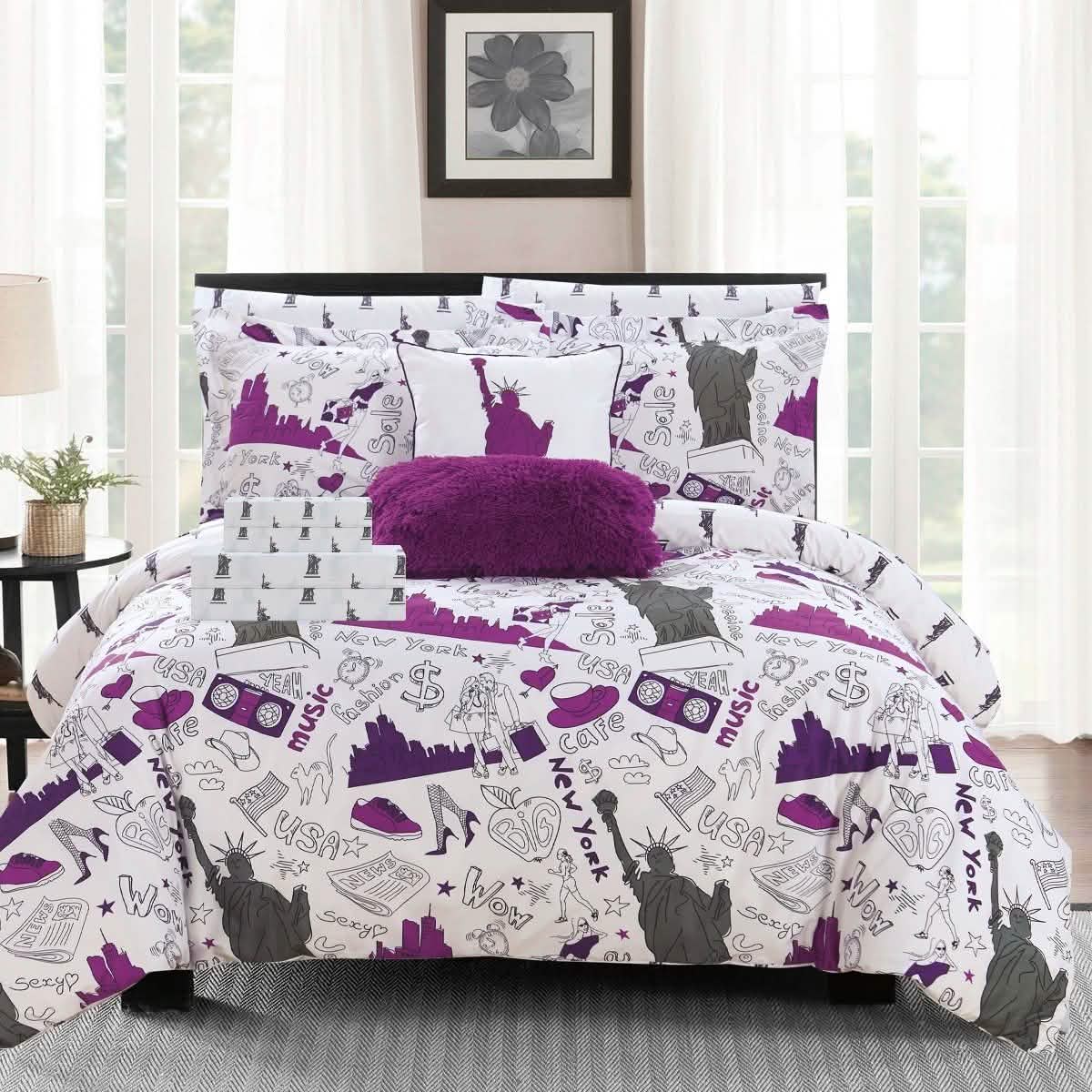 9-teiliges Set: Liberty Wendebettwäscheset New York Theme Bedrucktes Design Bett