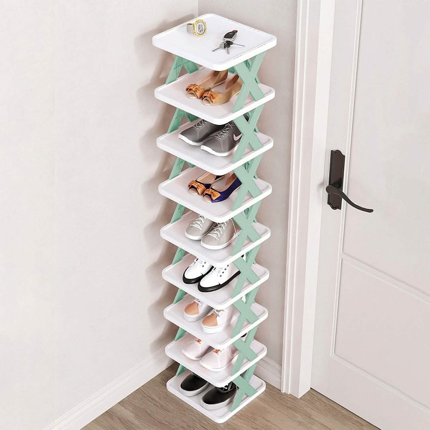 9-stöckiges schmales Schuhregal für den Eingangsbereich, vertikaler Schuh-Organizer aus Kunststoff