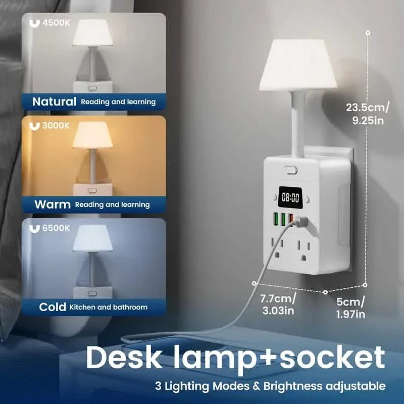 11-in-1 Multifunktions-Steckdosenleiste mit Schreibtischlampe, Uhr, USB-Anschlüssen und Überspannungsschutz