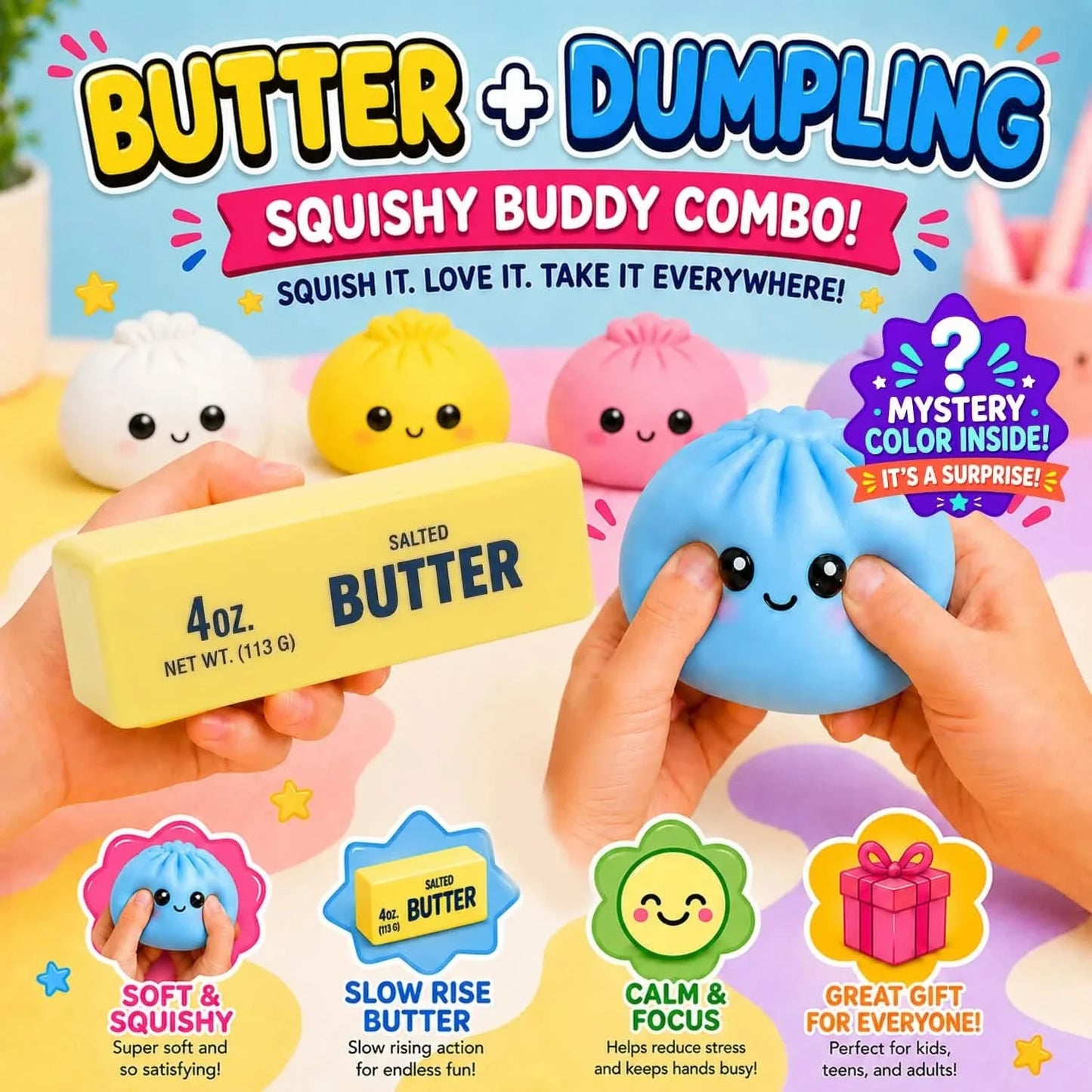 2er-Pack: Squishy Dumpling & Butter Kombipack – langsam aufsteigende Fidget Toys