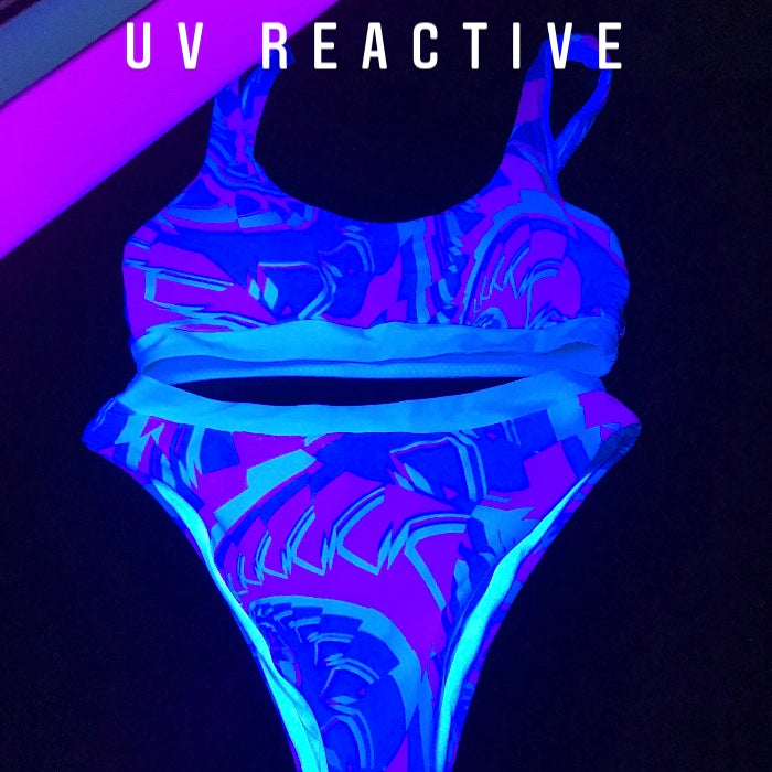 Türkis- und Pinkfarbenes tropisches Sorbet-Fraktal Sport-Top & High-Waist Bikini-Set / Rave-Set | UV Schwarzlicht reaktiv
