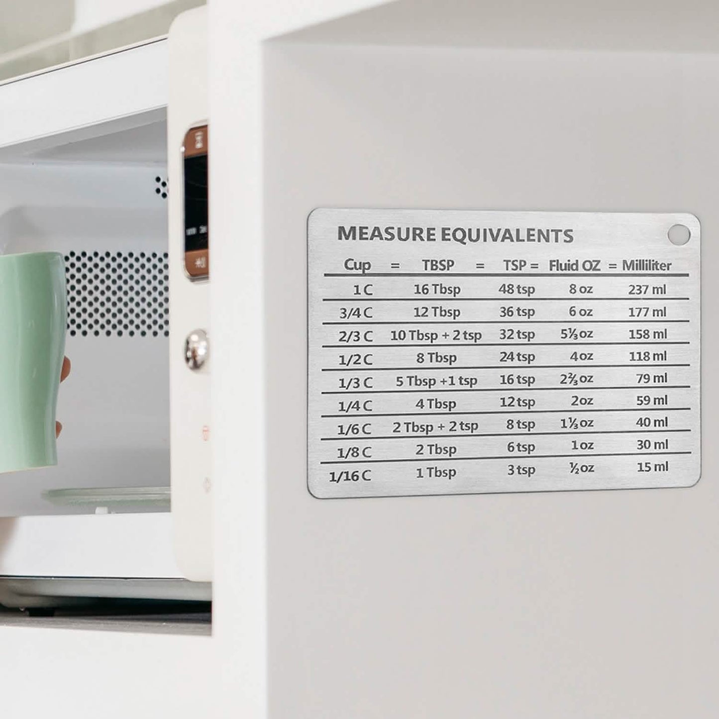 Edelstahl-Umrechnungstabelle mit starkem Magnet für Tassen-, Esslöffel-, Teelöffel-, Flüssigunzen- und Milliliter-Umrechnungen