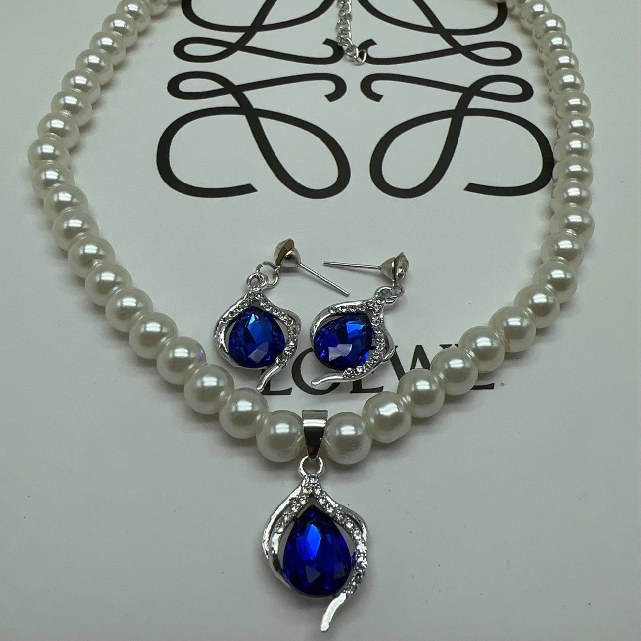 Blauer Strass-Anhänger Perlenkette Schmuckset